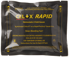 Biostat Celox Rapid gauze in a compact Z-folded design for rapid on-site access.