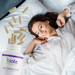 Biote capsules lie in a neat row for daily sleep support.