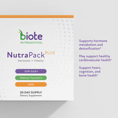 Biote NutraPackPlus bottle label detail with clean design and dosage info.