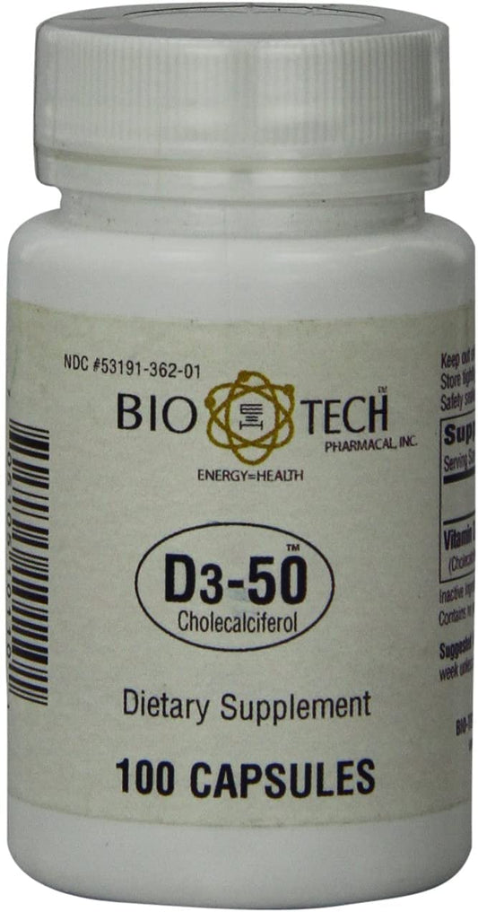 Bio-Tech Pharmacal D3-50 bottle ready for weekly vitamin D intake.