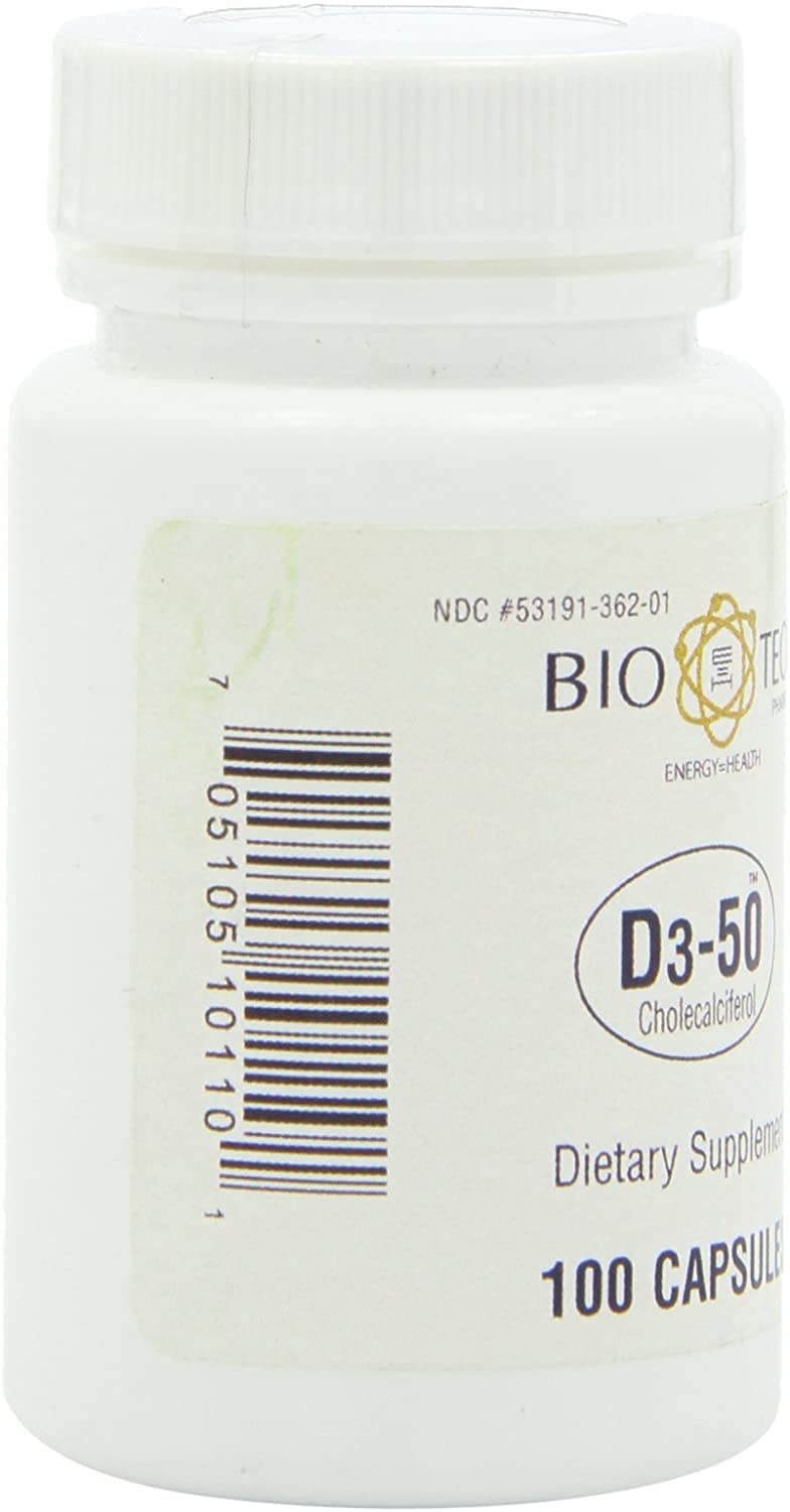 Close-up of Bio-Tech Pharmacal D3-50 label highlighting allergy-free formula.