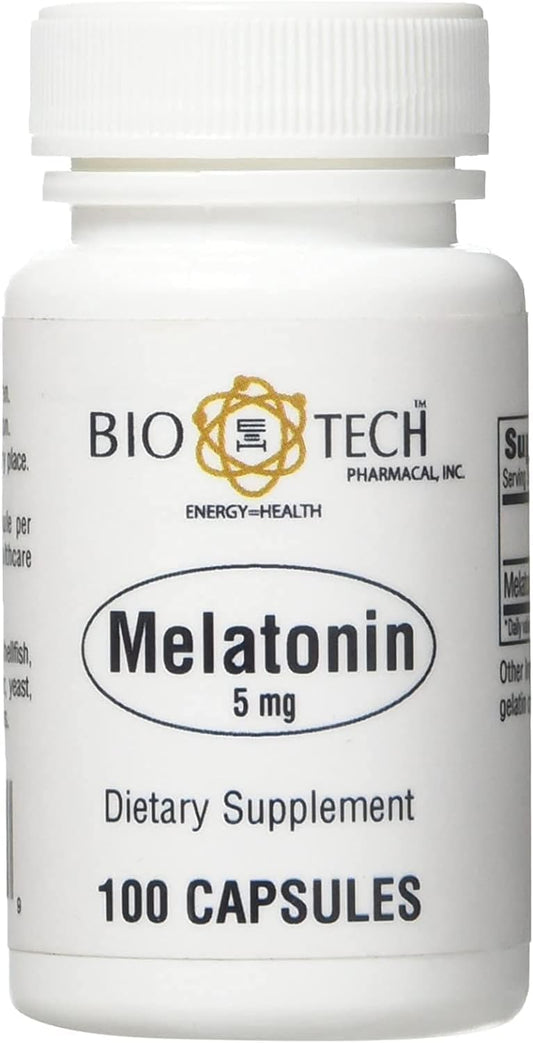 Bio-Tech Pharmacal Melatonin 5 mg bottle—convenient nightly use with 100 capsules.