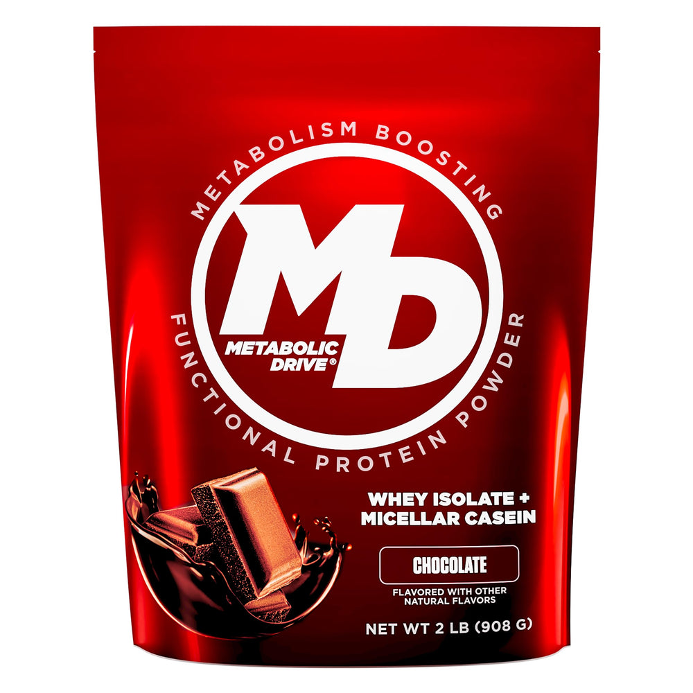 Biotest Metabolic Drive Protein chocolate bottle pour shows rich, low-carb fueling for workouts.