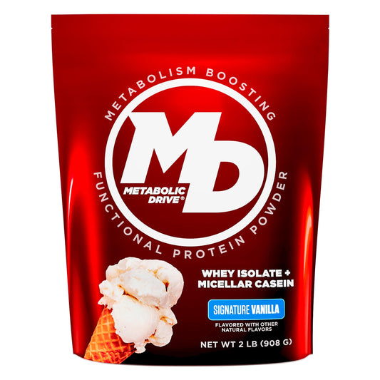 Biotest Metabolic Drive Protein Vanilla tub; premium dual-protein formula ready to mix.