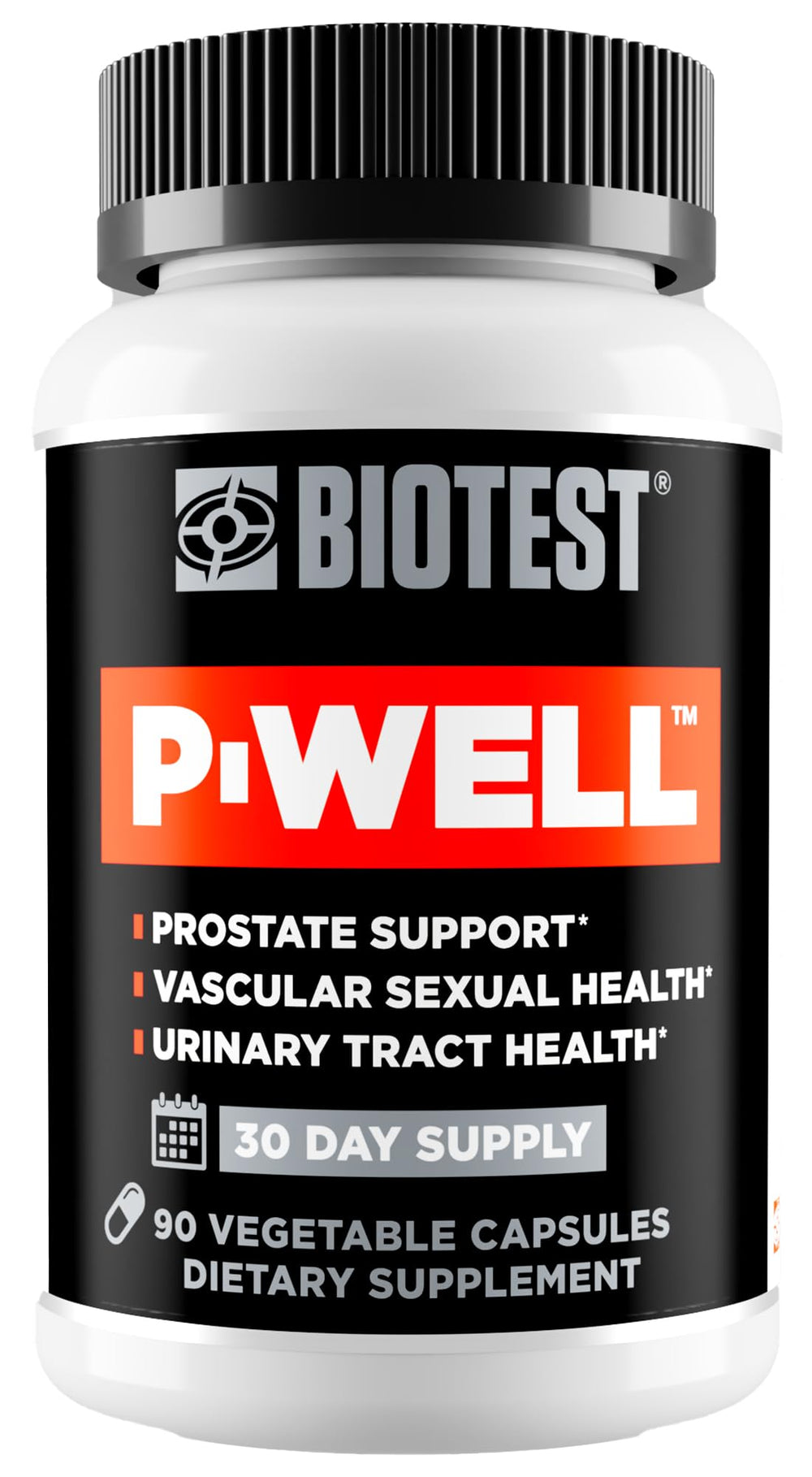 Biotest P-Well bottle front with 30 servings and prostate support in view.