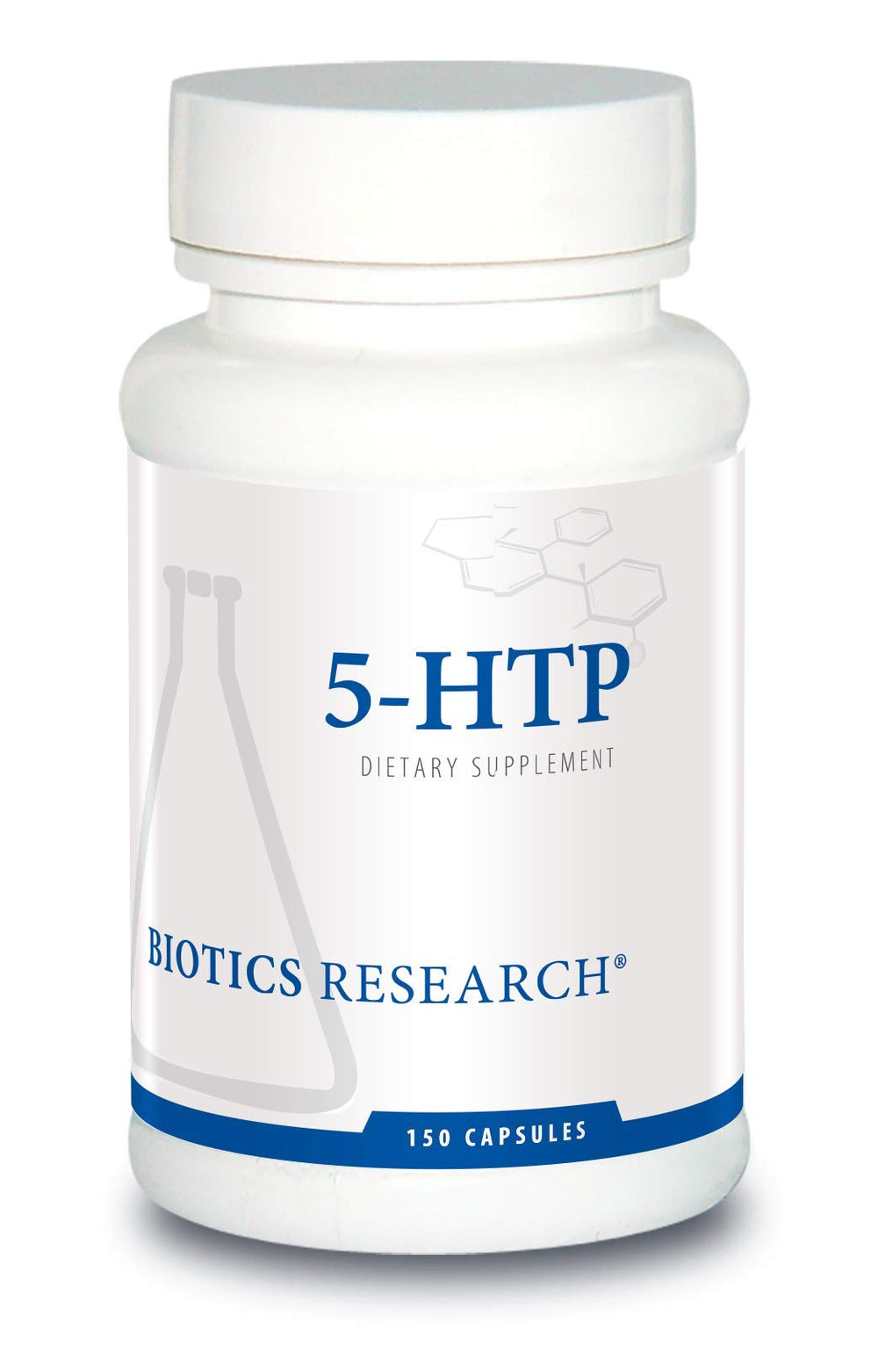 Biotics Research 5HTP bottle label displaying product details and mood-support messaging
