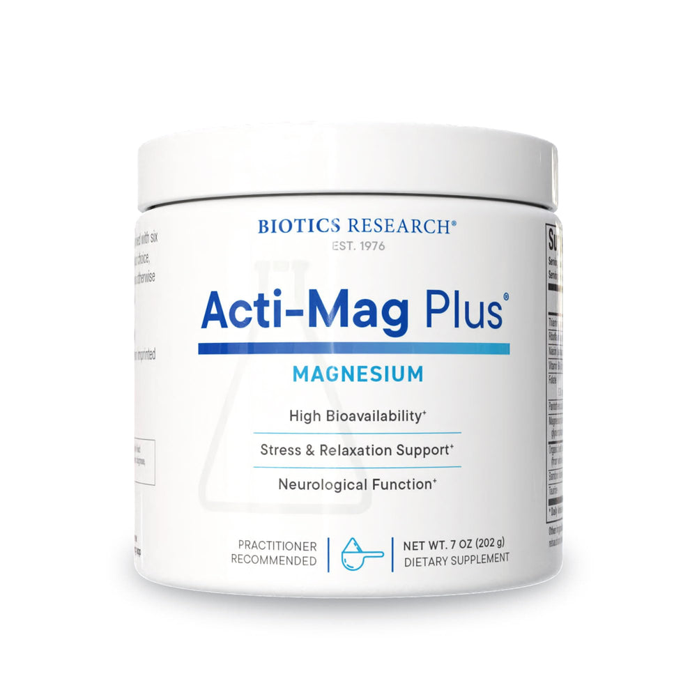 Biotics Research Acti-Mag Plus bottle and label for easy daily magnesium support.
