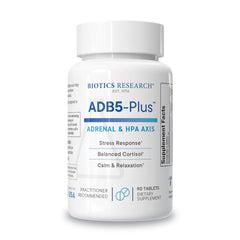 BIOTICS RESEARCH ADB5-Plus bottle showing adrenal support for daily energy.