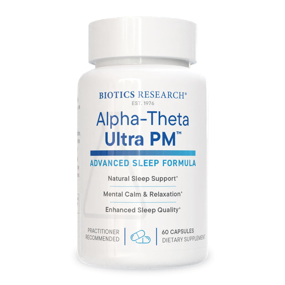 Biotics Research Alpha Theta Ultra PM L capsule closeup showing calming formula for restful sleep.