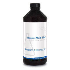 Biotics Research Aqueous Multi-Plus bottle label shows a full-spectrum vitamin and mineral formula.