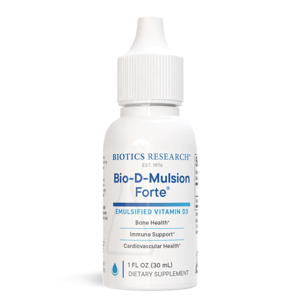 BIOTICS RESEARCH Bio-D-Mulsion Forte bottle shows vitamin D drops for daily support