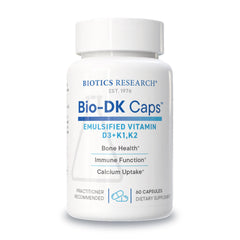 BIOTICS RESEARCH Bio-DK Caps bottle pour showing emulsified D3 and K2 for uptake