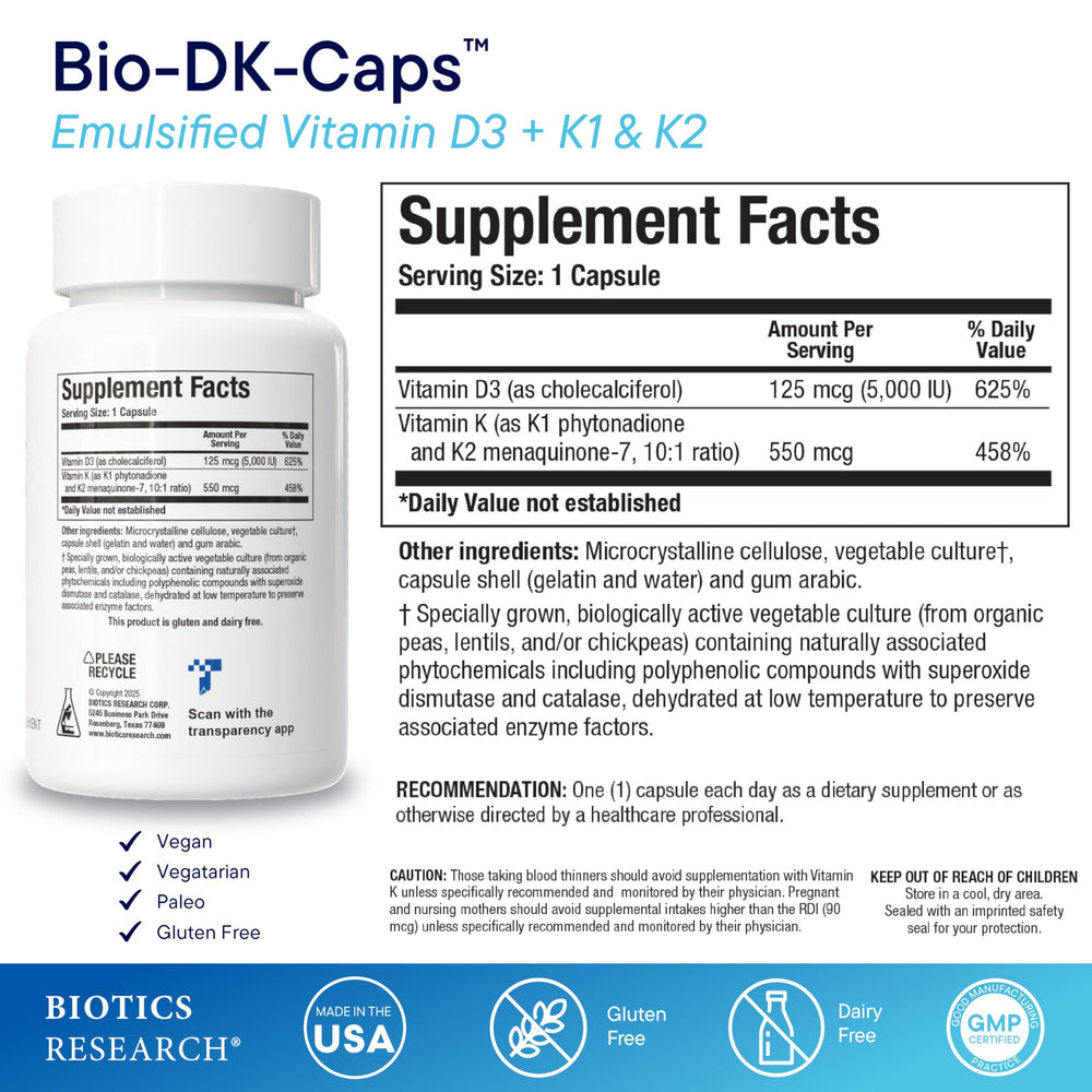 BIOTICS RESEARCH Bio-DK Caps capsules close-up highlighting emulsified formula for higher absorption