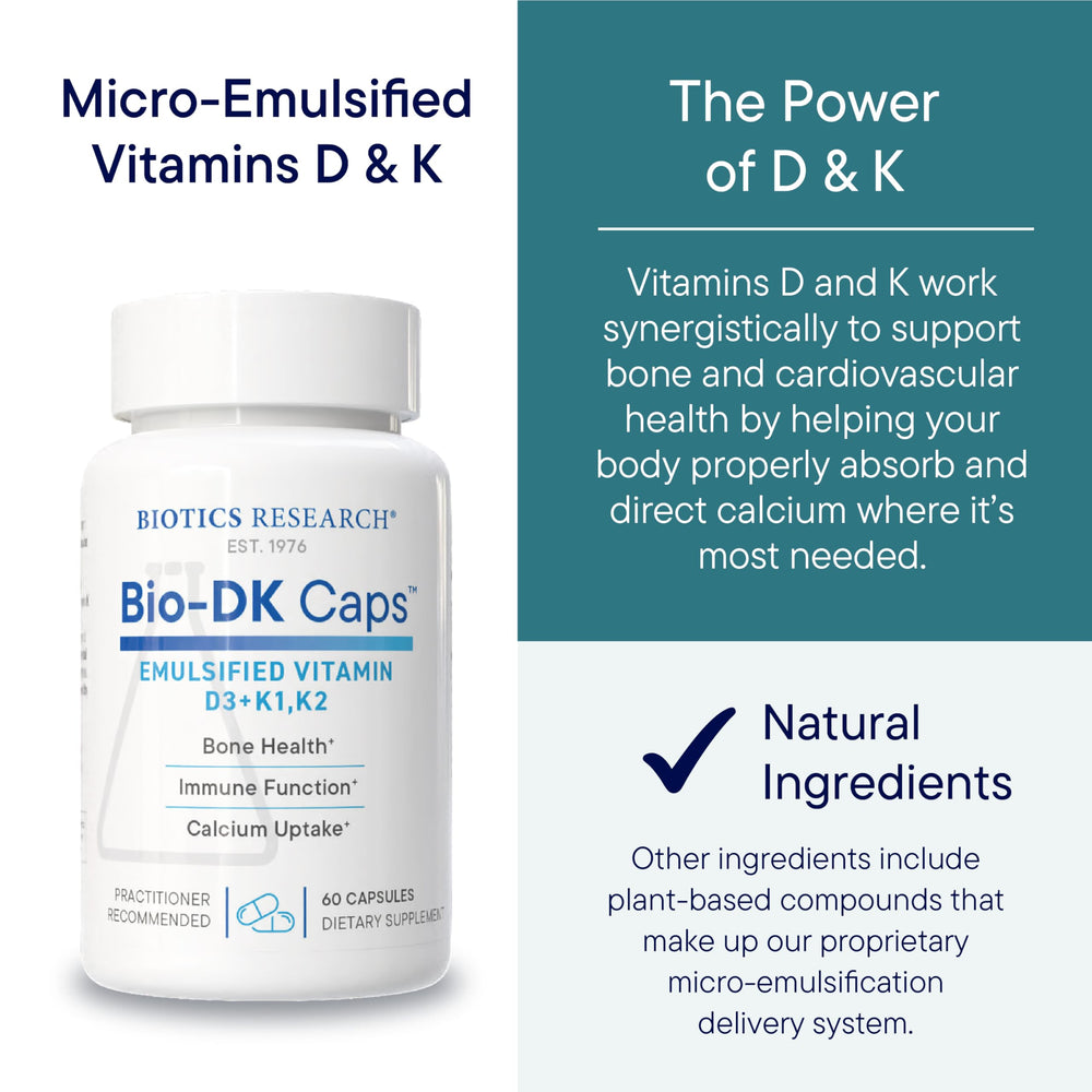 BIOTICS RESEARCH Bio-DK Caps dosage panel shows 125 mcg D3 and 550 mcg MK7