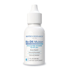 BIOTICS RESEARCH Bio-DK-Mulsion bottle shows emulsified vitamins for better absorption.
