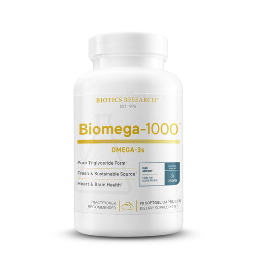 Biotics Research Biomega-1000 bottle showing omega-3 softgels for daily heart health