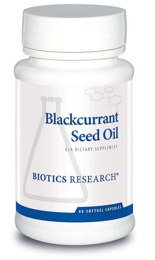 Biotics Research Blackcurrant Seed Oil bottle with 535 mg softgels highlighting GLA source