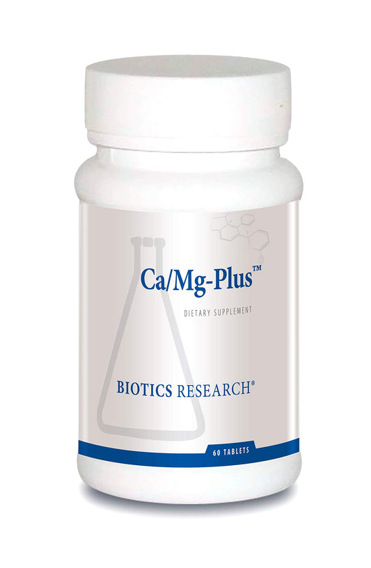 Biotics Research CaMg-Plus bottle front highlights calcium magnesium blend for bone support.
