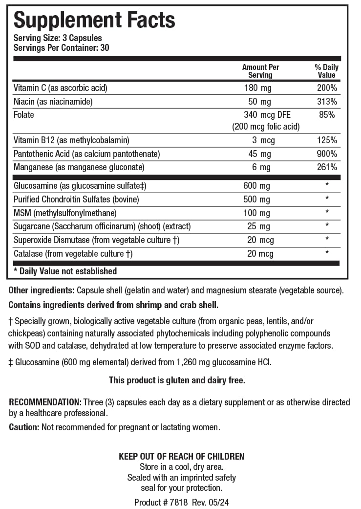 ChondroSamine-S label showing key ingredients and potency by Biotics Research.