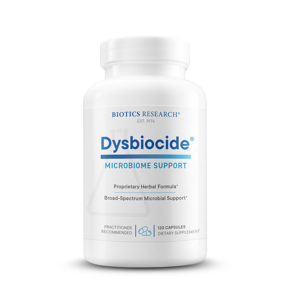 Biotics Research Dysbiocide bottle label highlighting gut healing support