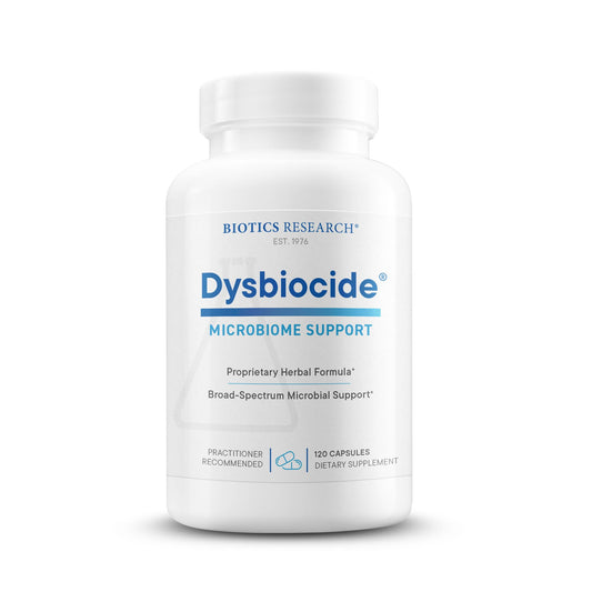 Biotics Research Dysbiocide bottle label highlighting gut healing support