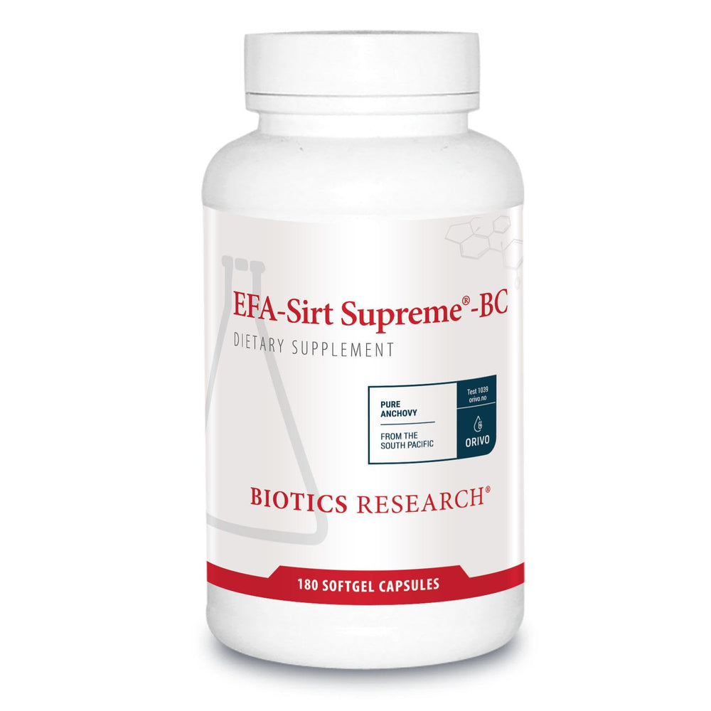 Biotics Research EFA-SIRT Supreme-BC bottle showing omega blend for joint comfort and circulation support.