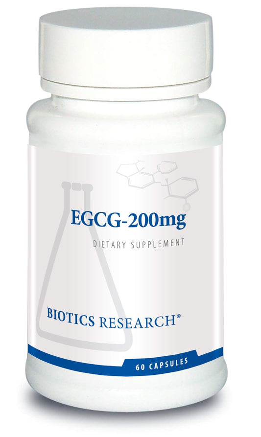 Biotics Research EGCG 200 mg bottle highlighting antioxidant-rich green tea extract.