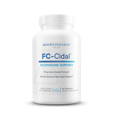 Biotics Research FC-Cidal bottle closeup showing 120 capsules for gut health