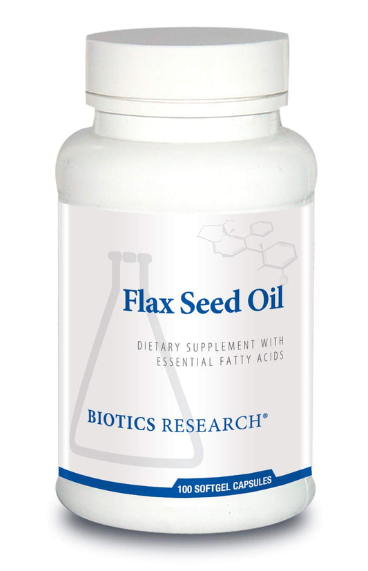 Biotics Research flax seed oil bottle front showing cold-pressed organic formula for heart health.