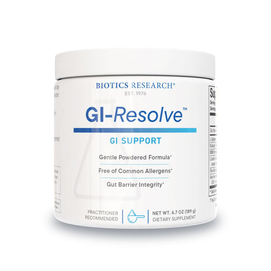 Biotics Research GI Resolve bottle showcasing advanced gut support formula for daily wellness