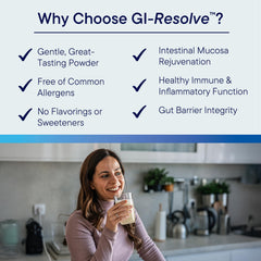 GI Resolve powder being poured, suggesting versatile mixing for daily use