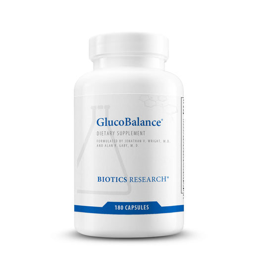 Biotics Research GlucoBalance bottle with capsules for metabolic health support