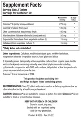 Biotics Research Gluterase tablets close-up highlighting prolyl endopeptidase for gluten breakdown.