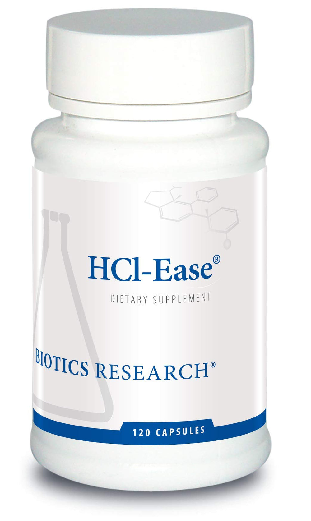 Biotics Research HCl-Ease bottle pouring demonstrates convenient digestive comfort.