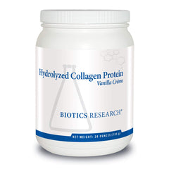 Biotics Research hydrolyzed collagen powder vanilla creme, easy digestion and protein support.