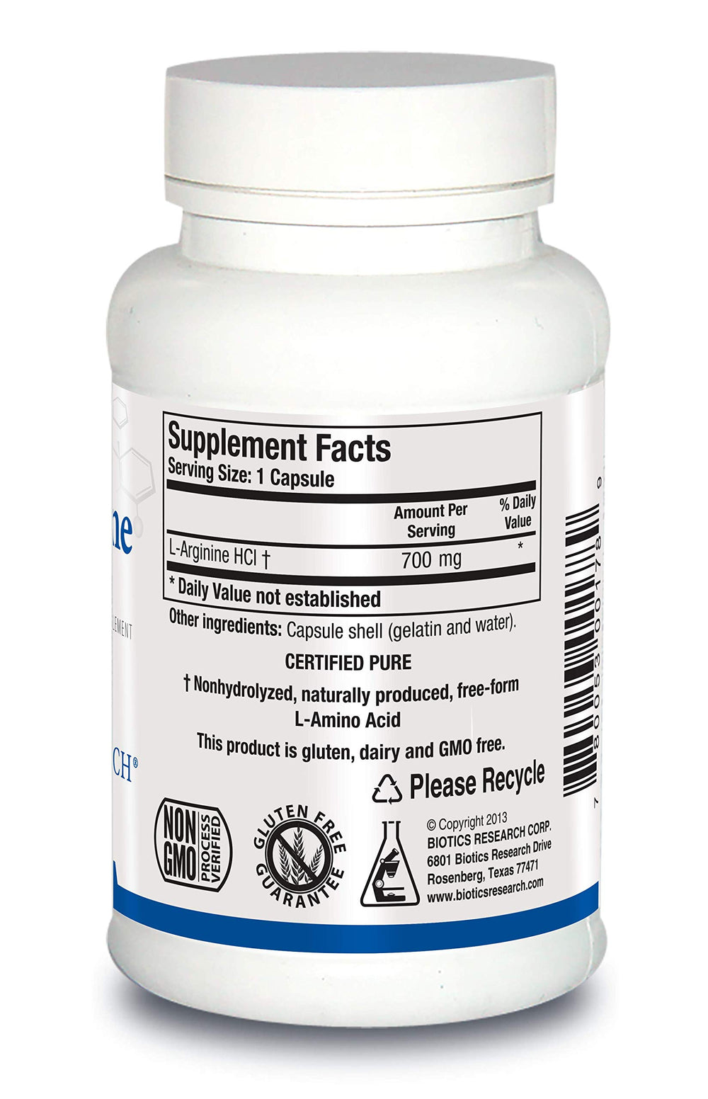 Biotics Research L-Arginine capsules close-up highlighting capsule texture for easy daily intake.