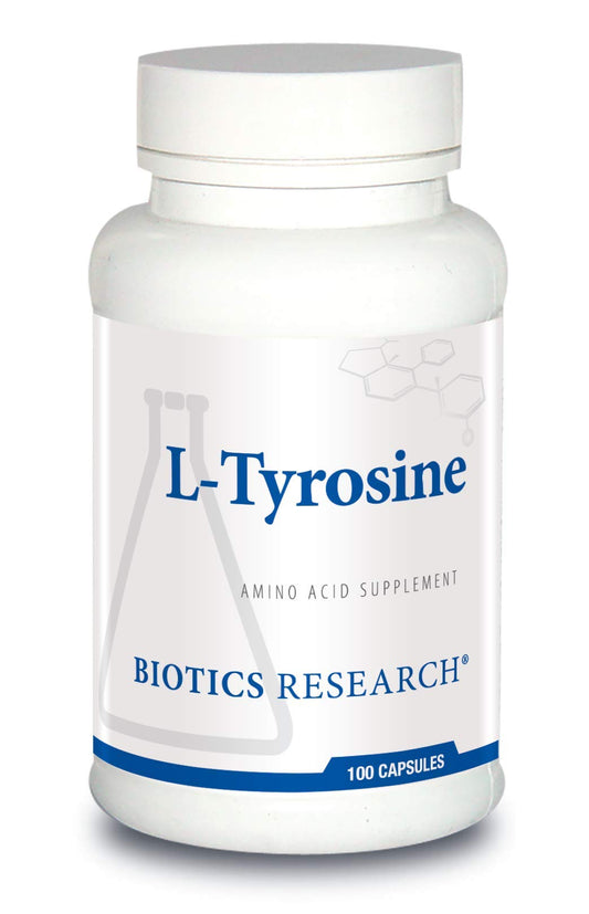 Biotics Research L Tyrosine bottle displaying mood and memory support potential.