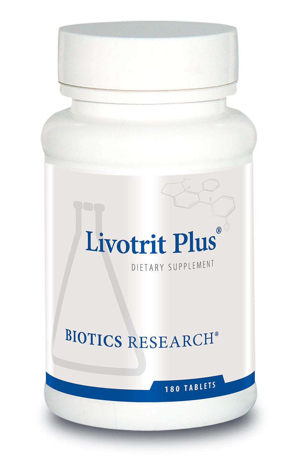 BIOTICS RESEARCH Livotrit Plus bottle label highlighting liver support and detox potential.