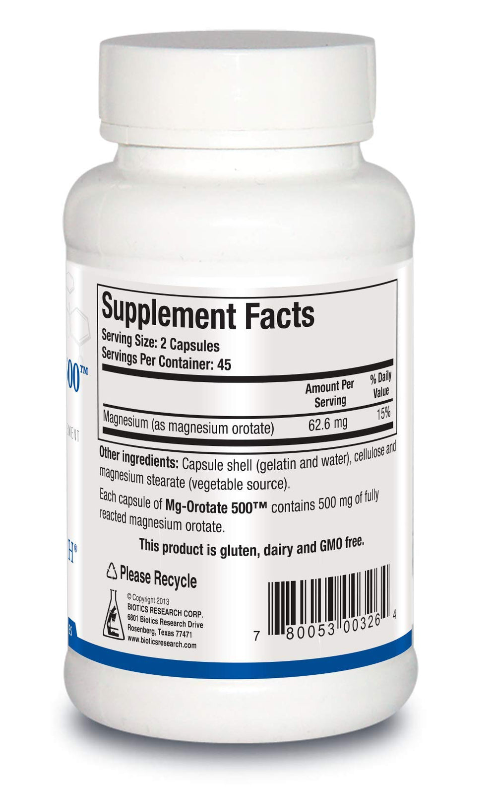 Biotics Research Mg Orotate bottle side panel with dosage information