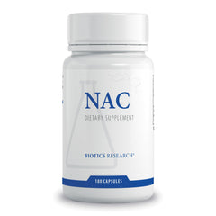 BIOTICS RESEARCH NAC bottle front with capsules highlighting glutathione support.
