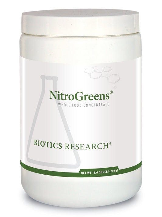 BIOTICS RESEARCH NitroGreens powder bottle front for daily antioxidant support