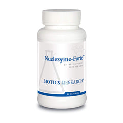Biotics Research Nuclezyme Forte bottle front showing RNA/DNA blend for daily wellness.