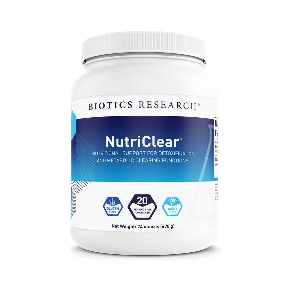 Biotics Research NutriClear powder tub front for detox support and daily wellness.