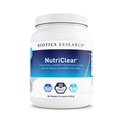 Biotics Research NutriClear powder tub front for detox support and daily wellness.
