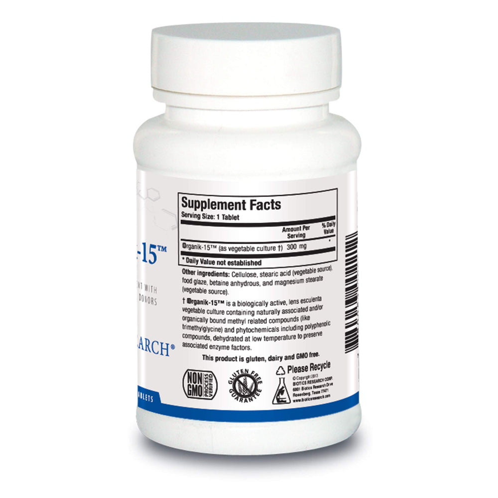 Organik-15 tablets close-up highlighting compact pill form for daily methyl support.