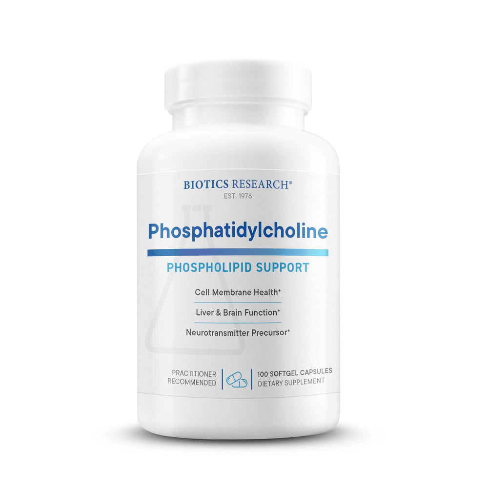 Biotics Research phosphatidylcholine softgels bottle labeled 420 mg, supporting cognitive health.