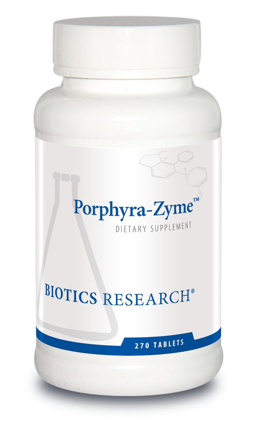 Biotics Research Porphyra-Zyme chlorophyll concentrate bottle highlighting detox-support formula