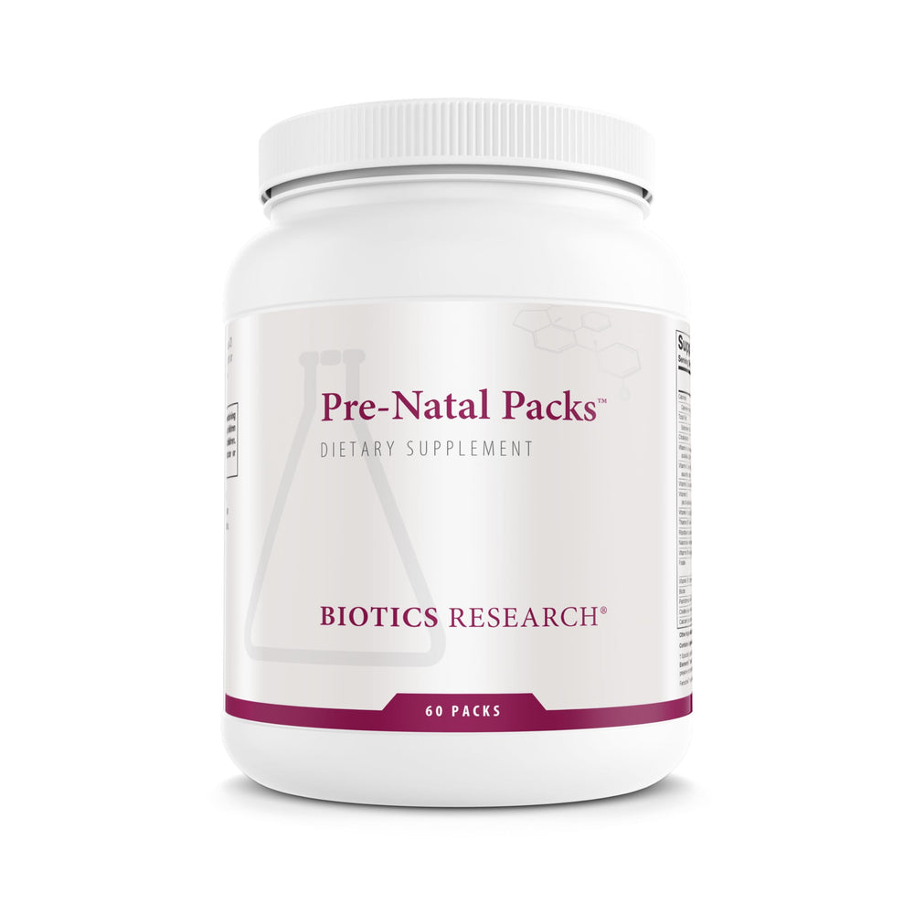 Biotics Research Pre-Natal Packs bottle front shows comprehensive prenatal nourishment.
