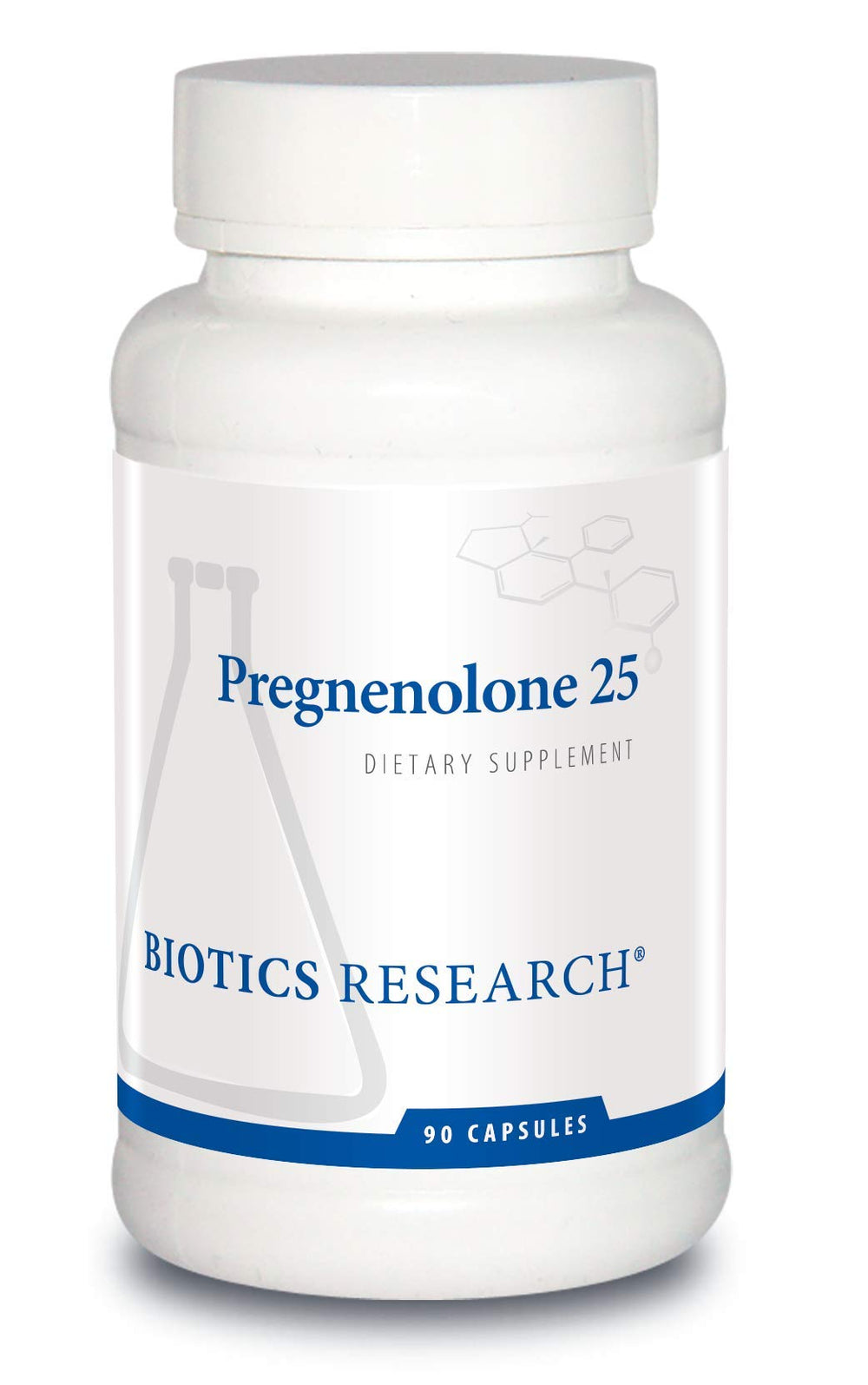 Biotics Research Pregnenolone bottle with 90 capsules, potential hormonal balance support.