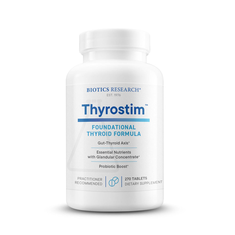 Biotics Research Thyrostim bottle with tablets signaling thyroid balance and metabolism